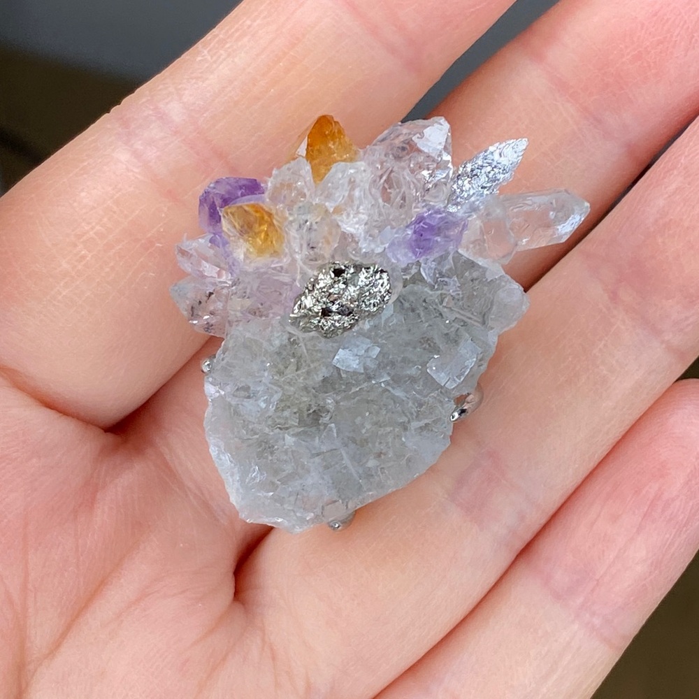 Natural Amethyst & Citrine Crystal Cluster Ring • Raw Pyrite Accent • Herkimer - Picture 8 of 11